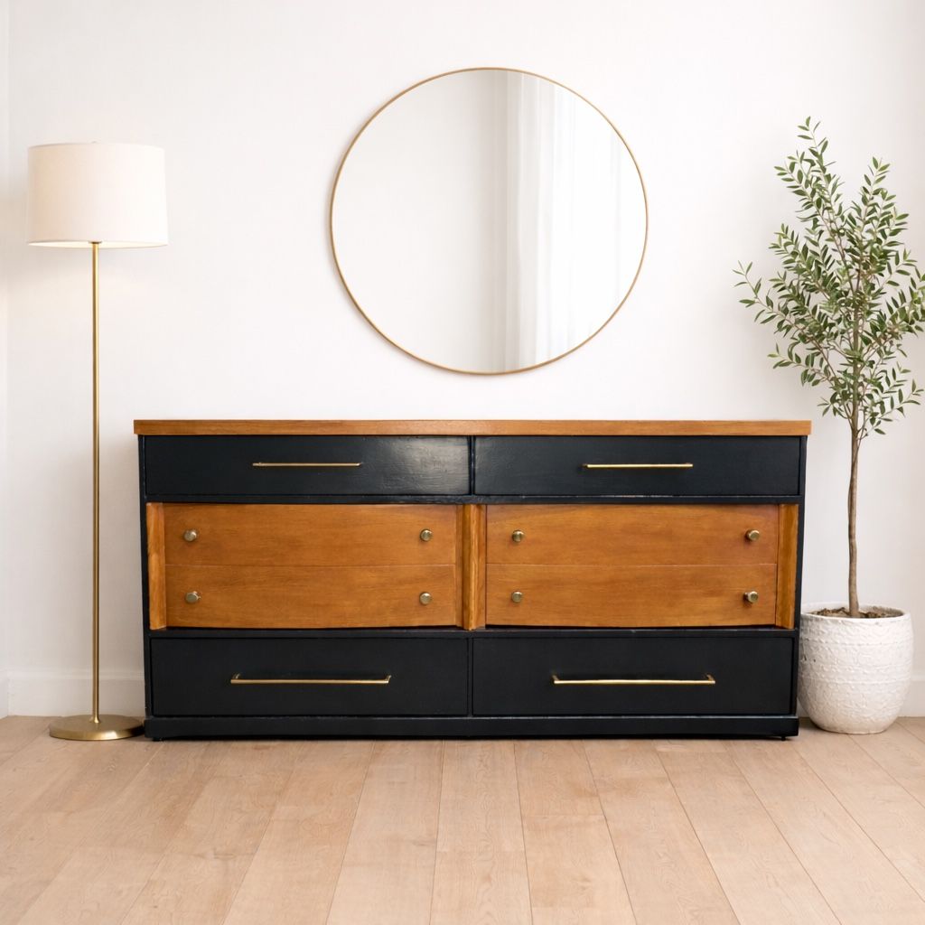 MCM black and Oak 6 drawers