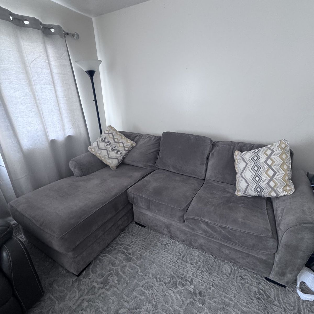 Grey Fabric Sectional Sofa with Chaise and Accent Pillows