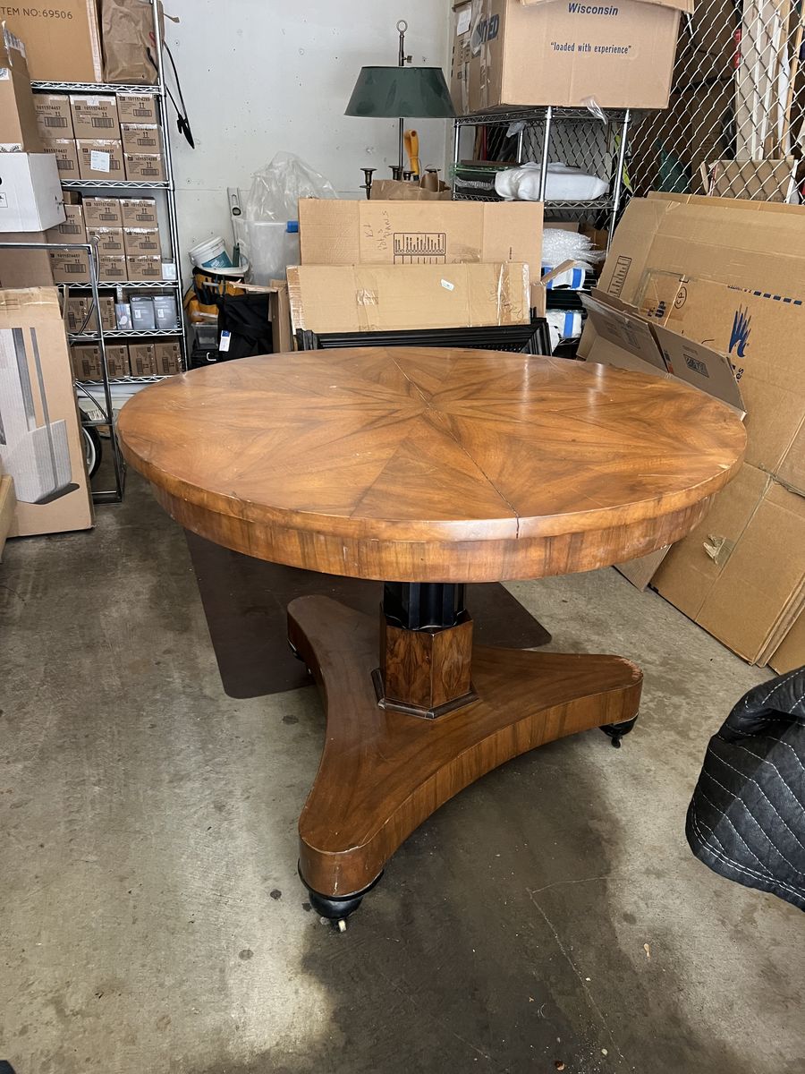 Vintage Round Wooden Dining Table with Starburst Parquetry Top and Pedestal Base