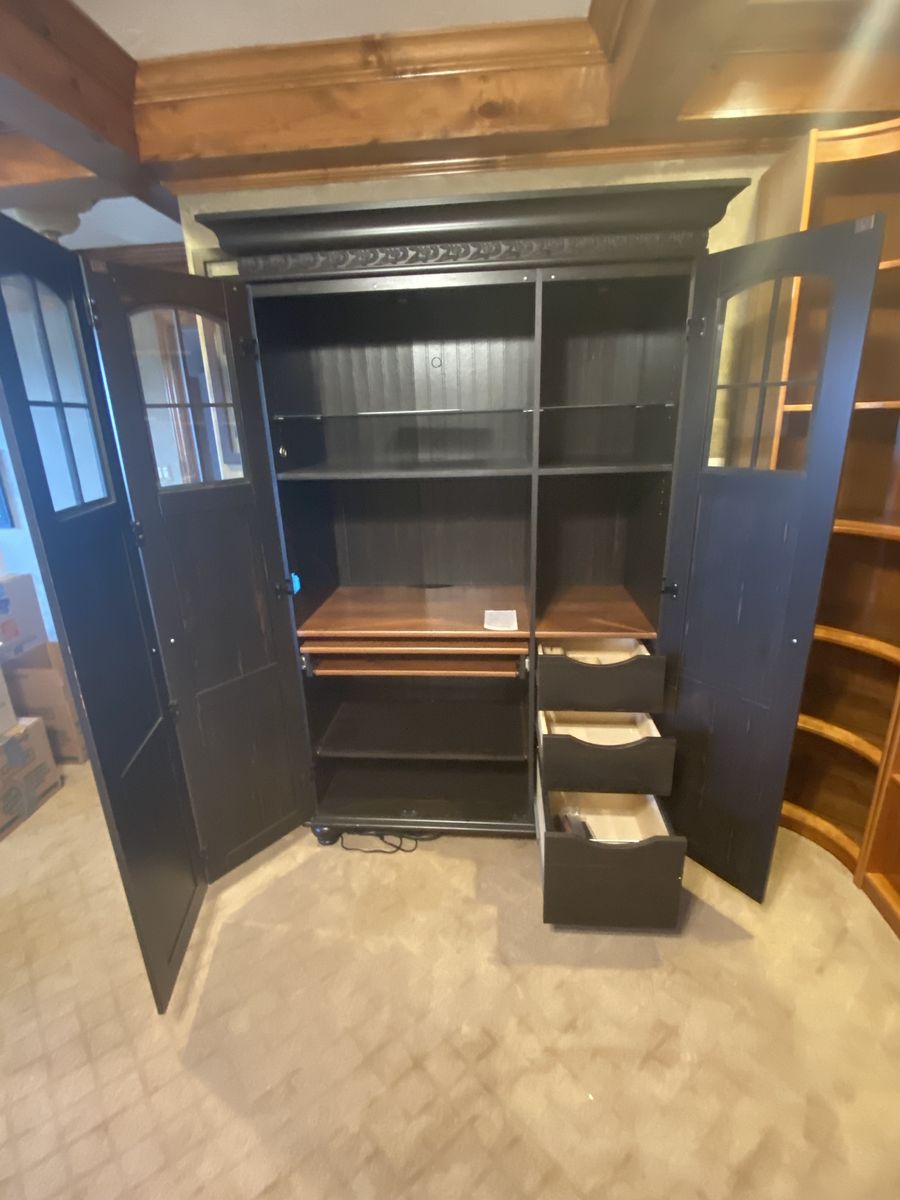 Distressed Black Wood Office Armoire Desk Cabinet with Glass Doors and Drawers