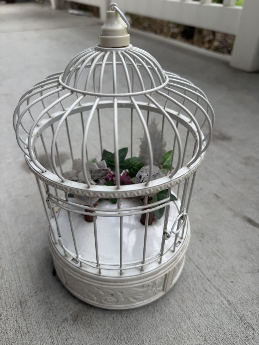 Vintage White Metal Bird Cage Decor with Faux Birds & Flowers - 10" Tall Decorative Piece