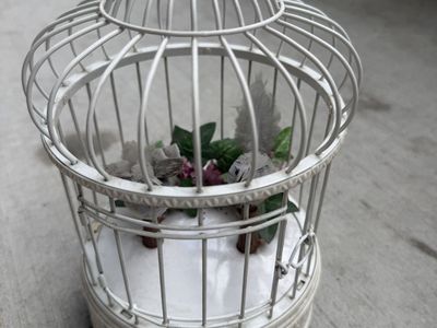 Vintage White Metal Bird Cage Decor with Faux Birds & Flowers - 10" Tall Decorative Piece