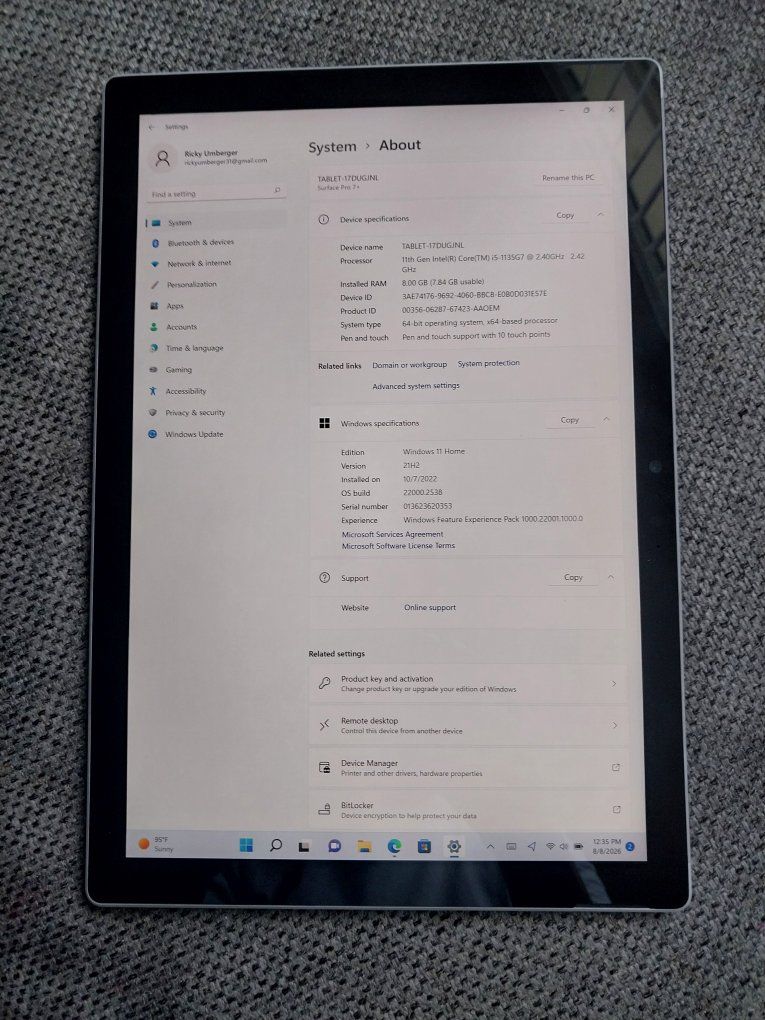 Microsoft Surface Pro 7+ i5-1135G7 8GB RAM Platinum