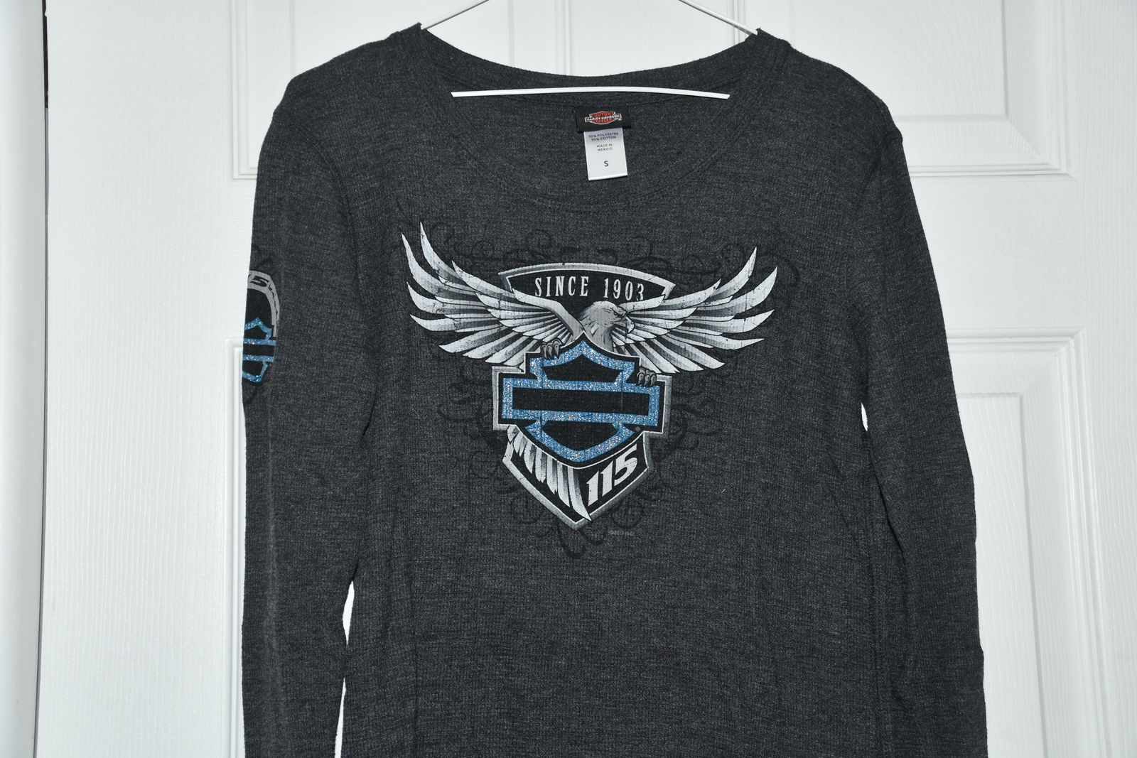 WOMEN'S "HARLEY DAVIDSON" KNIT SHIRT ~ SIZE S ~ LONG SLEEVES ~ DARK GRAY ~ HUNTSVILLE, ALABAMA ~ NO RIPS, STAINS or TEARS