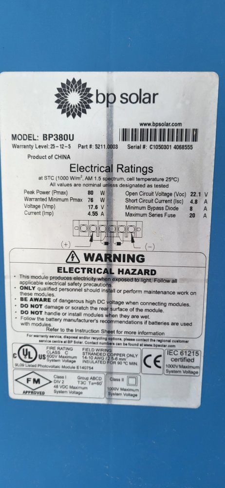 BP Solar BP380U 80W 12V Photovoltaic Solar Panel Module