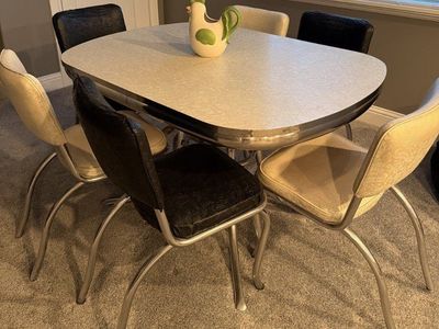 Virtue Brothers of California Vintage Mid-Century Chrome Dinette Set with White Formica Dining Table & 6 Chairs