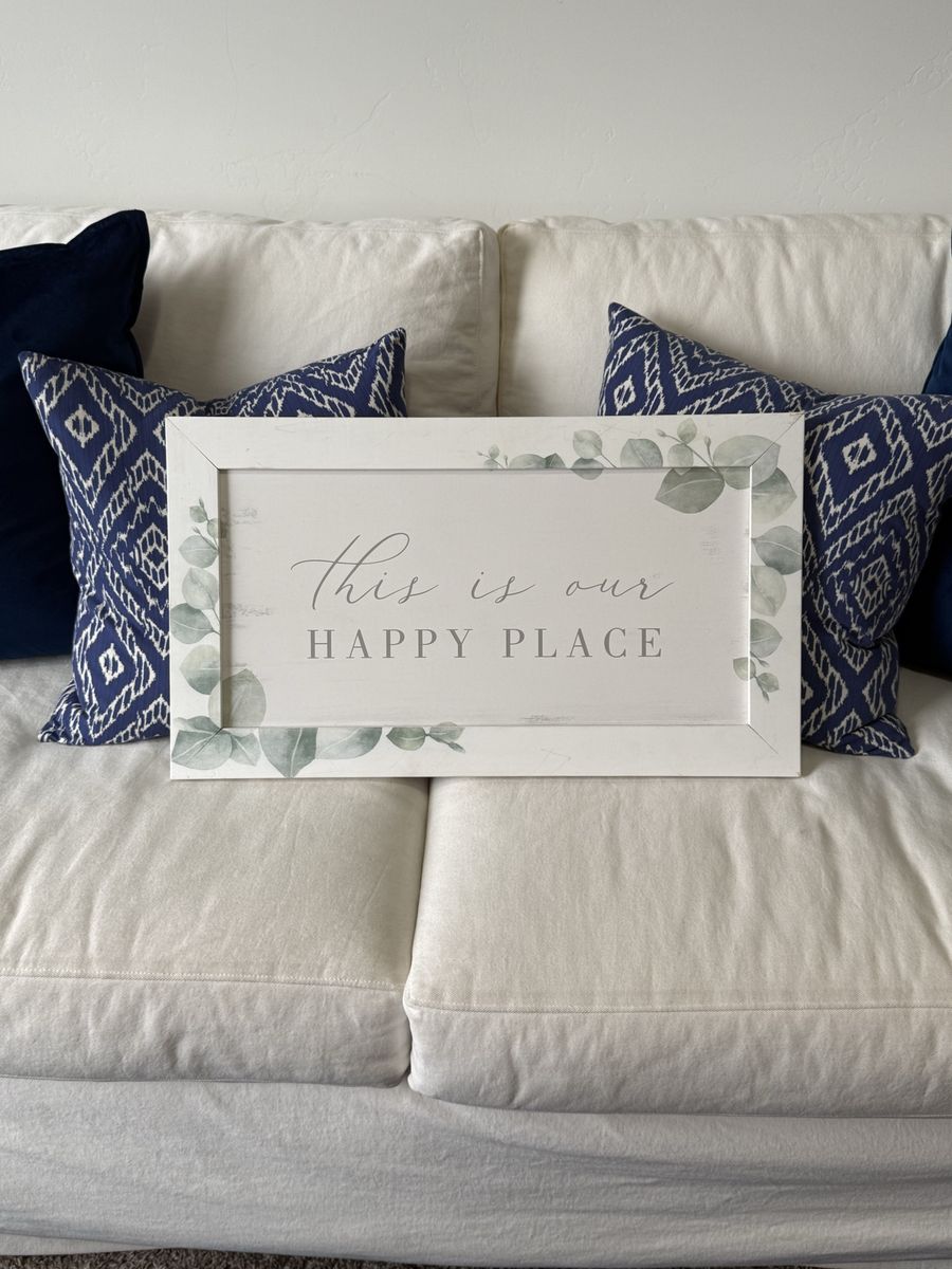 White & Green Eucalyptus 'This Is Our Happy Place' Wall Decor Sign.