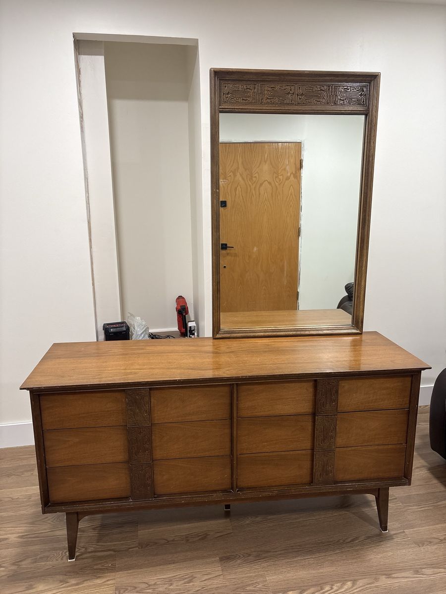 Vintage Bassett Furniture Wood Dresser with Matching Mirror