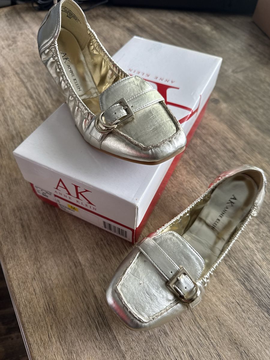 New Anne Klein Gold Shimmer Flats, Size 8M - Manmade Loafers with Buckle Detail