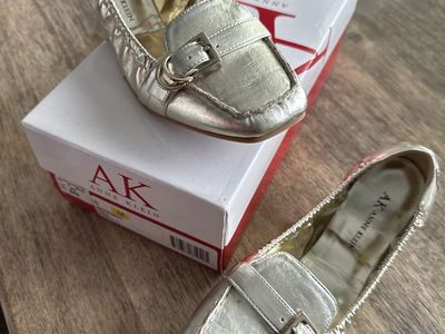 New Anne Klein Gold Shimmer Flats, Size 8M - Manmade Loafers with Buckle Detail
