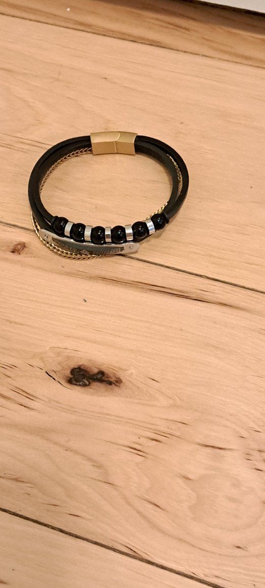 Men's Multi-Layer Black Leather Bracelet with Greek Key Engraved ID Bar & Black Onyx Beads