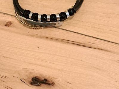 Men's Multi-Layer Black Leather Bracelet with Greek Key Engraved ID Bar & Black Onyx Beads