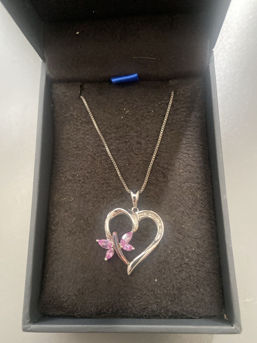 Silver Heart Pendant Necklace with Pink Gemstone Butterfly
