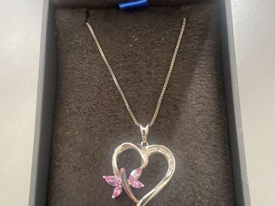 Silver Heart Pendant Necklace with Pink Gemstone Butterfly