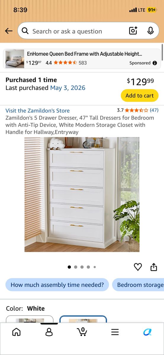 White 5 drawer Dresser