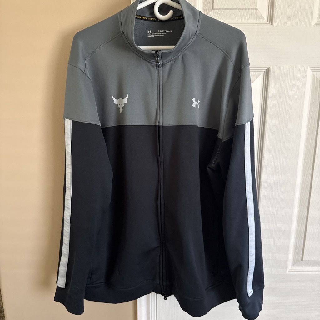 Under Armour Project Rock Track Jacket Men's XXL Fitted Gray Black Full Zip Bull Logo