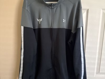 Under Armour Project Rock Track Jacket Men's XXL Fitted Gray Black Full Zip Bull Logo