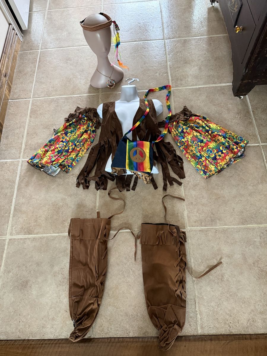 Adult one size deluxe hippie costume vest, boot covers, bag, peace earrings, etc