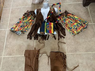 Adult one size deluxe hippie costume vest, boot covers, bag, peace earrings, etc