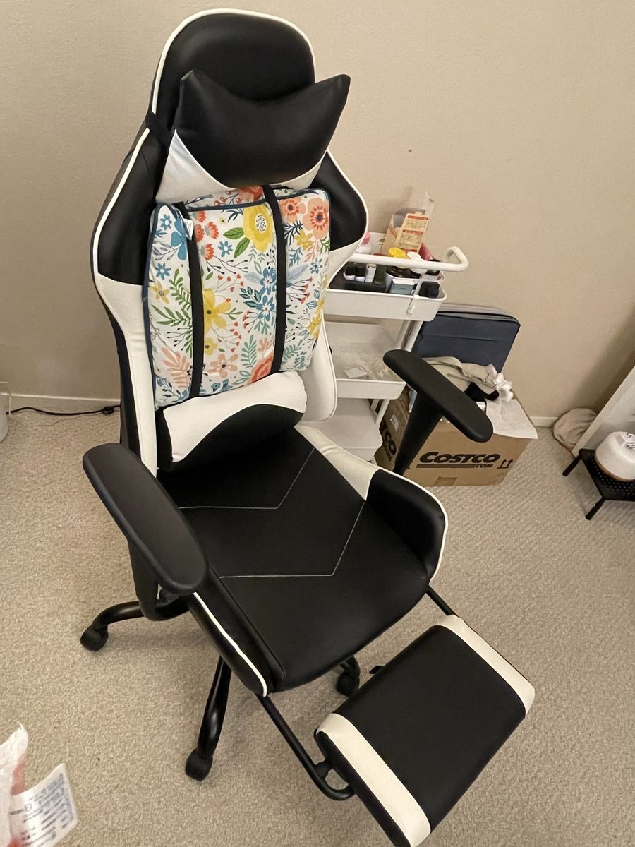Black & White Gaming Chair with Footrest - Ergonomic Office/Gaming Swivel Chair, Adjustable