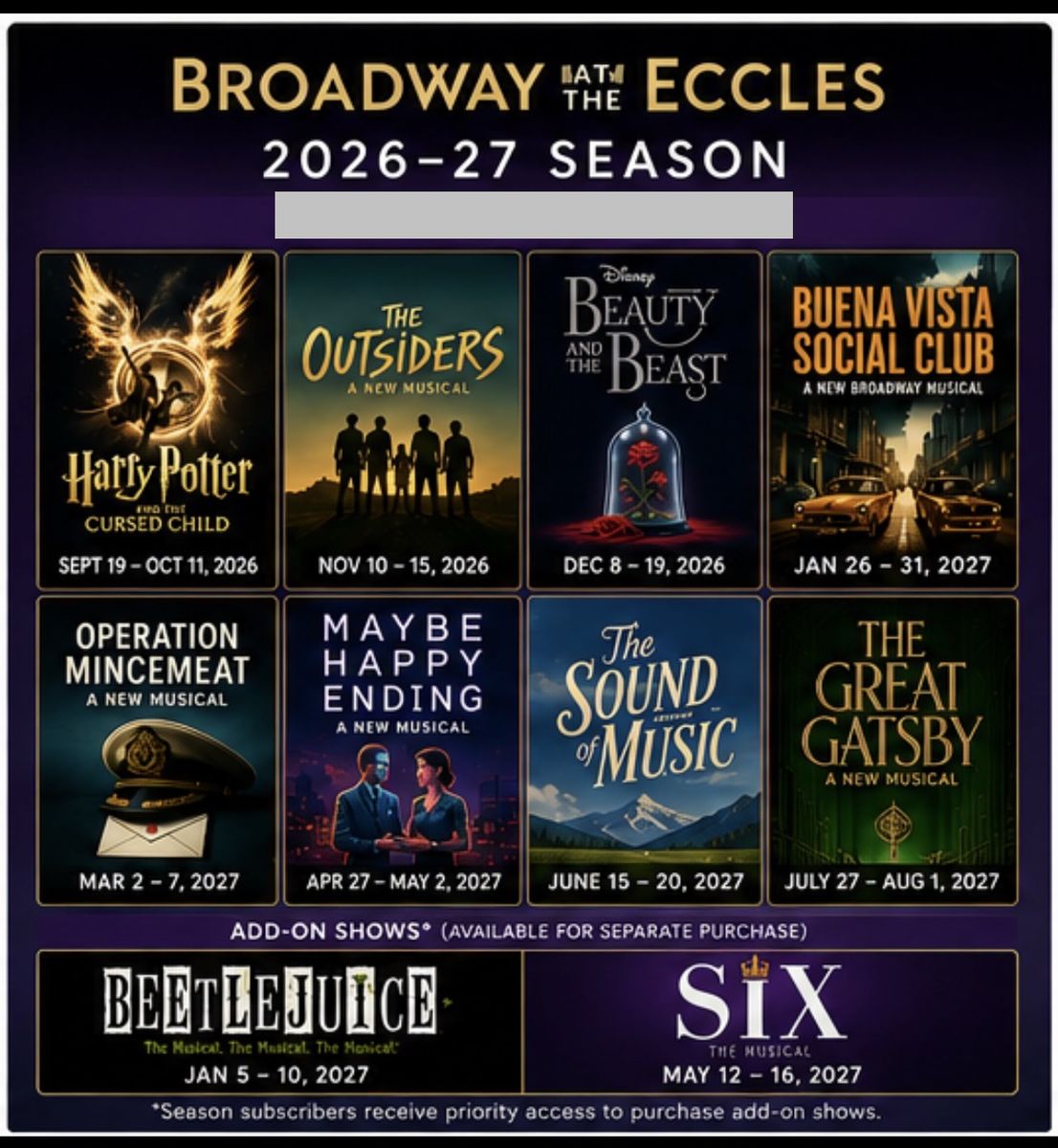 Broadway at the Eccles 2026-2027 Season Thursday Evening Series Tickets - Orchestra Center Floor Seats!