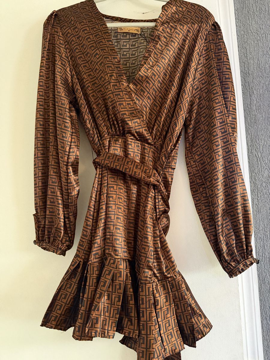 Vittoria Women's M Brown Monogram & Green Satin Long Sleeve Wrap Mini Dress Lot of 2