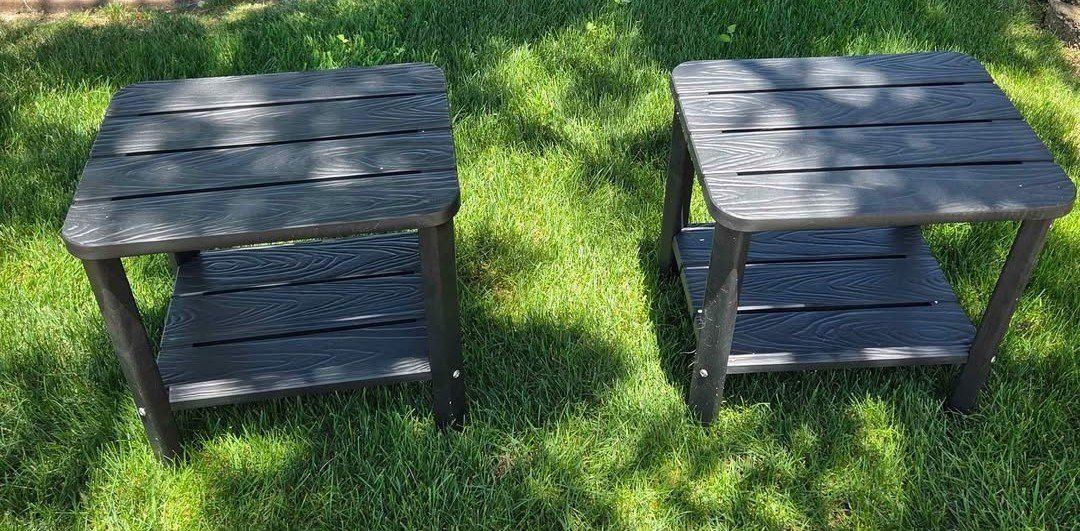 Set of 2 Black Outdoor Patio Side Tables, Faux Wood Grain, Weather-Resistant