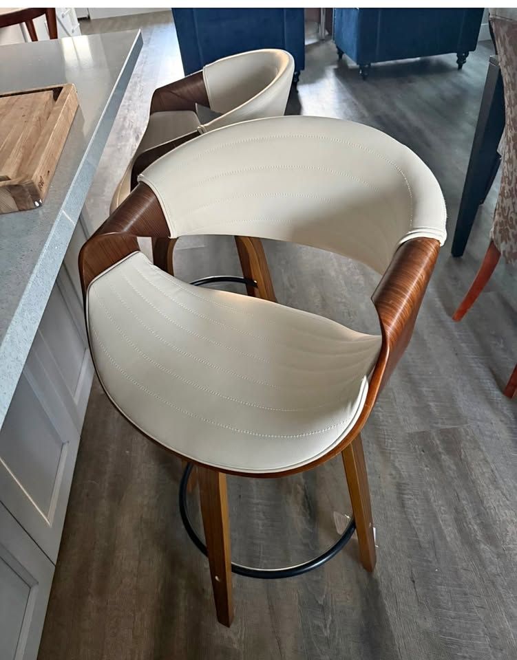 Mid-Century Modern Bar Stools — Set of 2 — Cream & Walnut