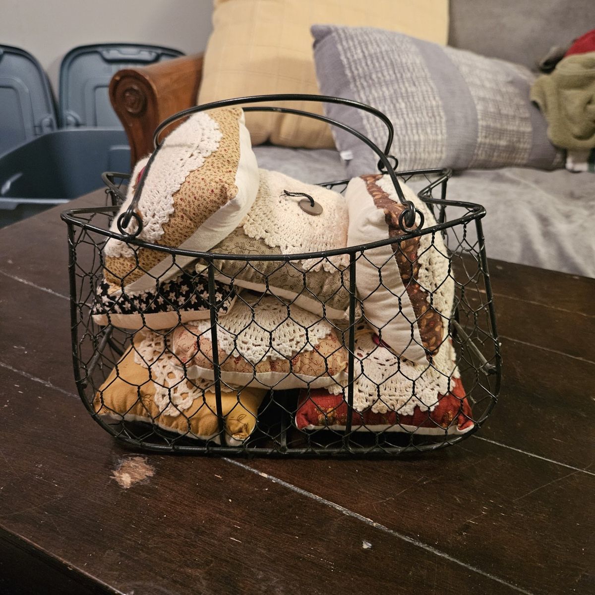 Chicken wire basket purse with handmade pillows