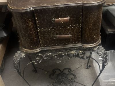 Faux Wood 2 Drawer Cabinet on Wrought Iron Stand Vintage 2 Drawer Leather Straps