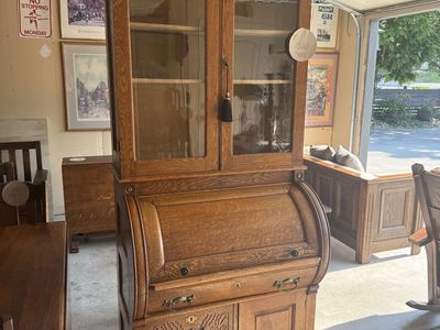 Skandia Furniture Company Antique Oak Secretary Desk w/ Glass Hutch & Roll Top