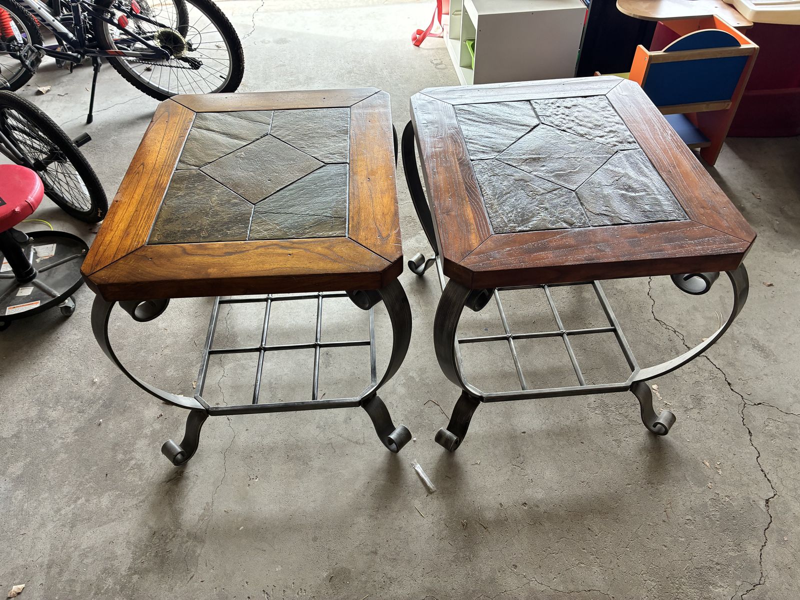 Pair of Wood & Slate End Tables