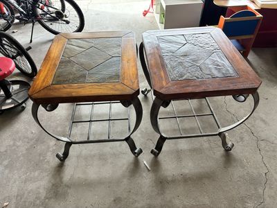 Pair of Wood & Slate End Tables