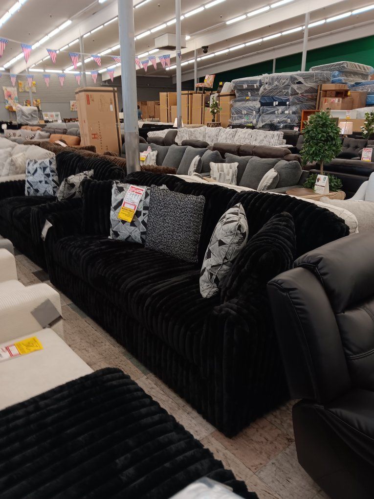 Black Ribbed Plush Fabric Sofa with Accent Pillows
