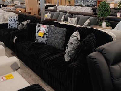Black Ribbed Plush Fabric Sofa with Accent Pillows
