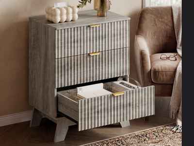 New in Box Fluted 3 -Drawers Dresser Organizer, 23.6''W Wood Wide Chest of Drawers ,Nightstand