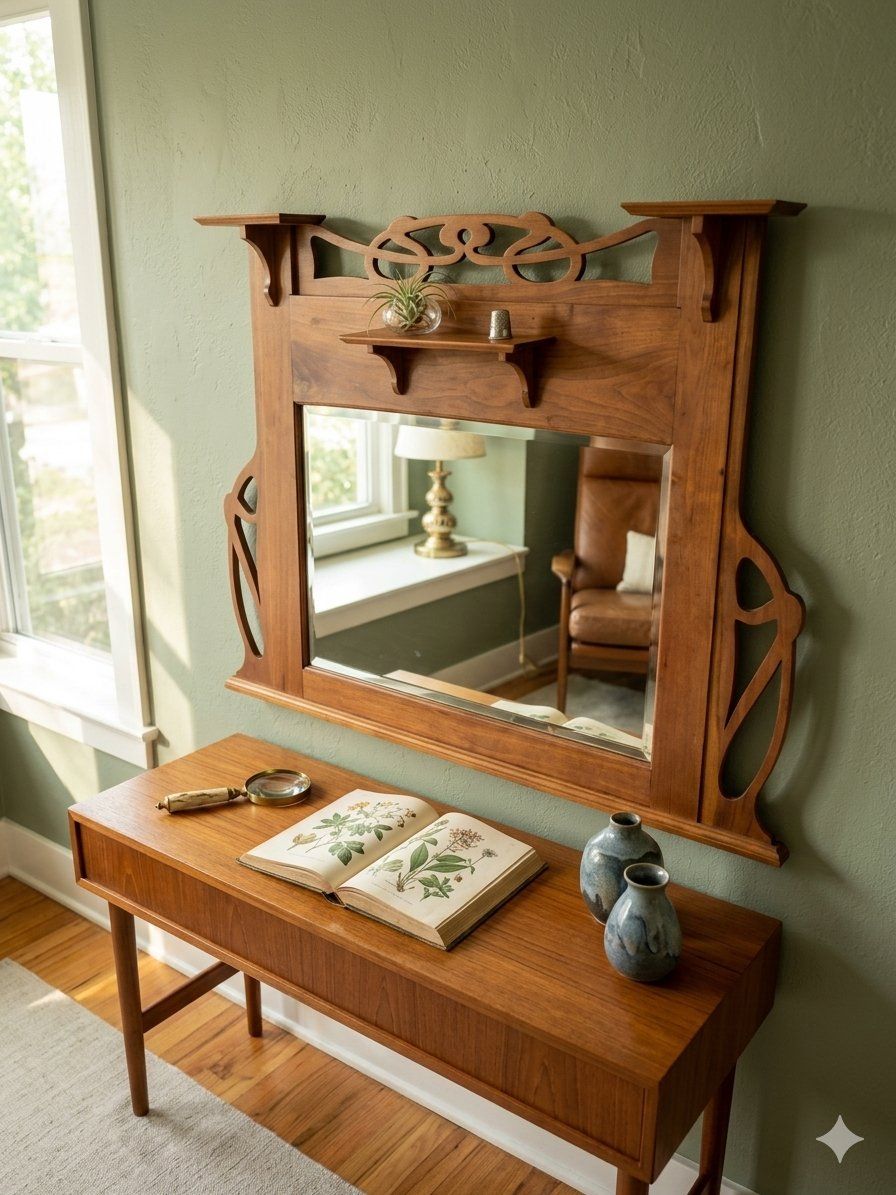Antique Art Nouveau Carved Wood Mirror