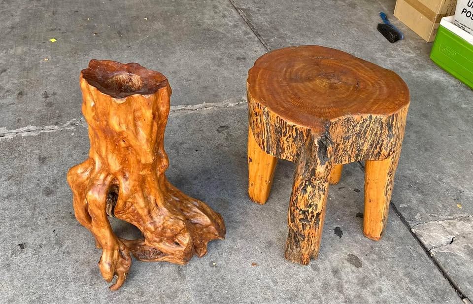 RARE One of a kind. Lot of 2 beautiful organic teak wood tree form floor standing sculpture and end table