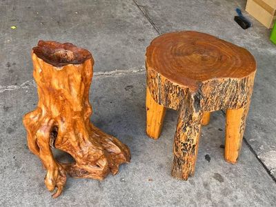 RARE One of a kind. Lot of 2 beautiful organic teak wood tree form floor standing sculpture and end table
