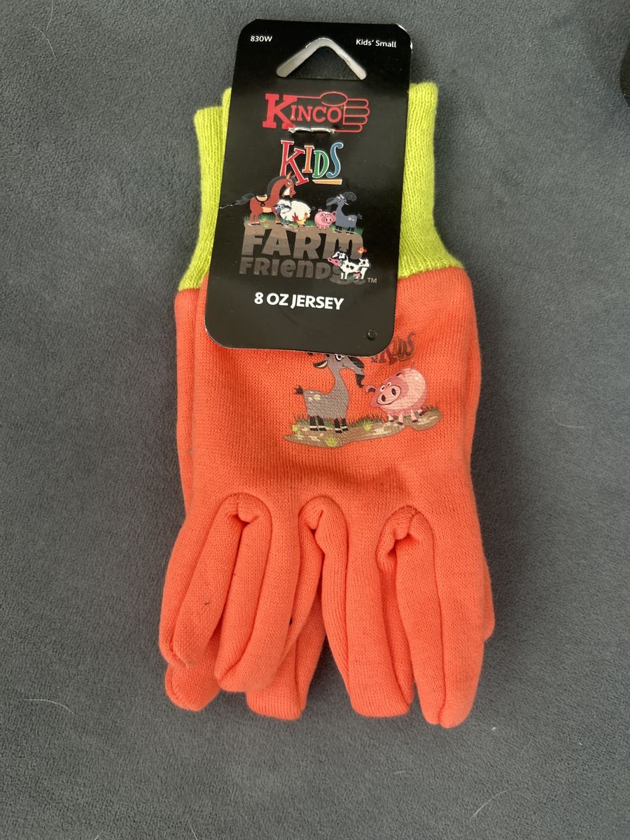 Kinco Kids Farm Friends 8 oz Jersey Gardening Work Gloves, Orange/Yellow Size Small