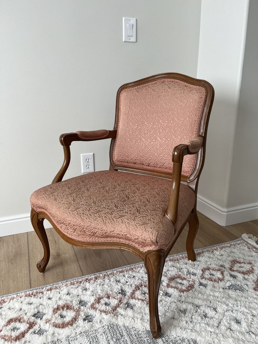 Vintage French Provincial Accent Arm Chair - Ornate Carved Wood & Pink Tapestry Upholstery