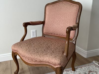 Vintage French Provincial Accent Arm Chair - Ornate Carved Wood & Pink Tapestry Upholstery
