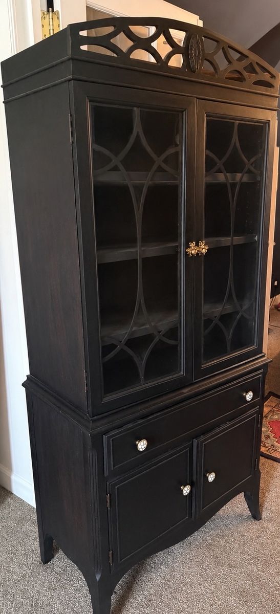 Vintage 1920s/30s Federal Revival China Cabinet & Hutch – Refinished Black