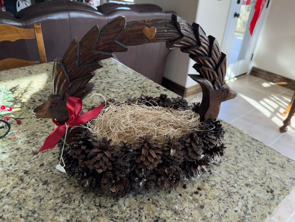 Wood carved elk pinecone basket 16” wide