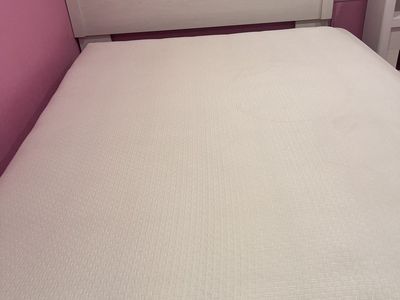 White Wood Queen Bed Frame with Headboard and Metal Slats - Excellent Condition