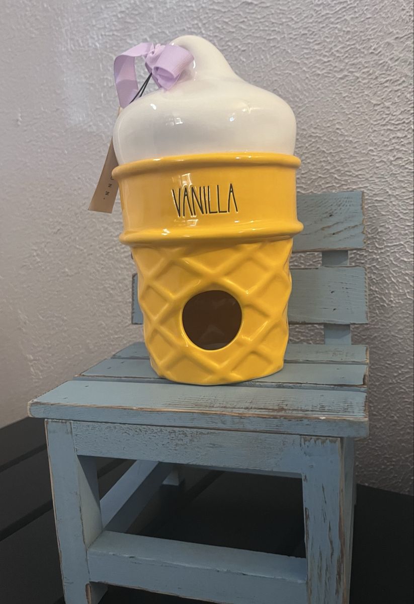 Rae Dunn Vanilla Ice Cream Cone Ceramic Birdhouse Decor
