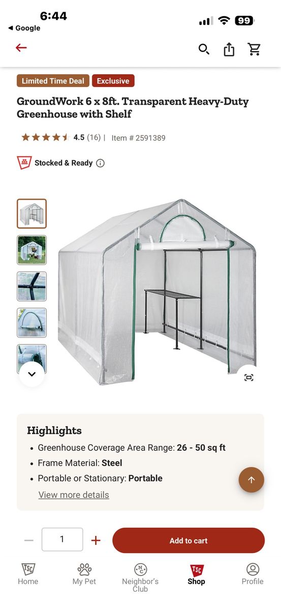 GroundWork 6x8ft. Portable Transparent Heavy-Duty Greenhouse with Steel Frame & Shelf