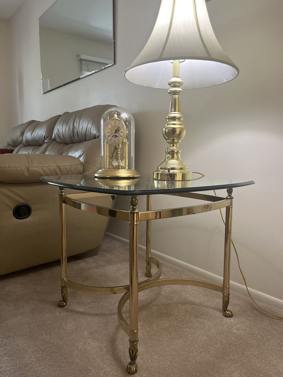 Vintage LaBarge, Hollywood Regency glass and brass end table.