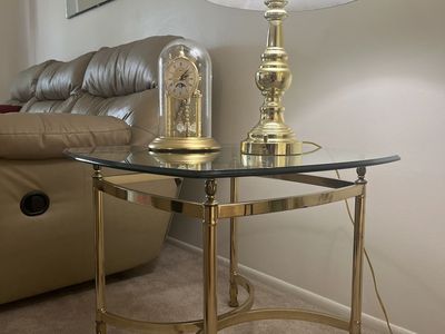 Vintage LaBarge, Hollywood Regency glass and brass end table.