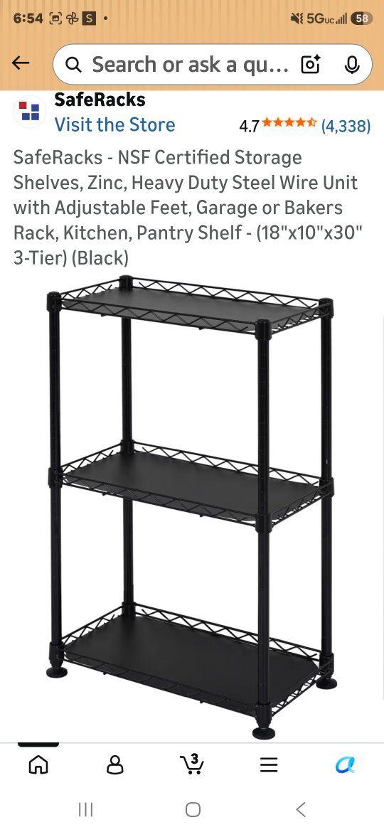 SafeRacks 3-tier black wire shelving unit with a durable finish and included shelf liners.